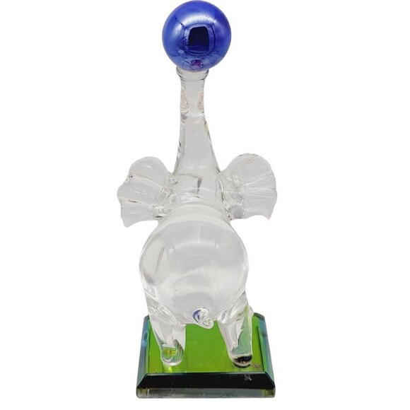 Glass Circus Elephant Figurine Balancing Blue Ball On An Iridescent Square Base - Picture 4 of 9